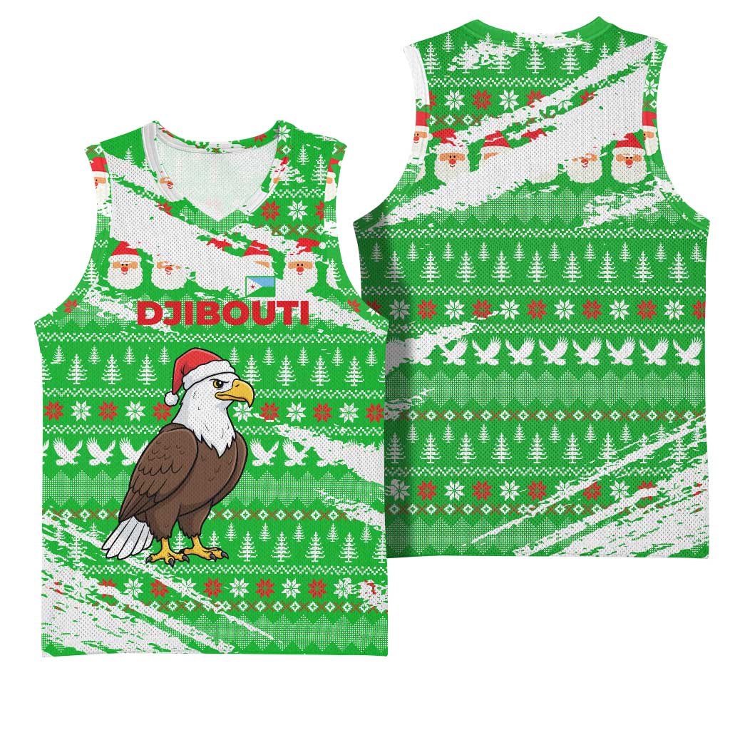 Djibouti Christmas Basketball Jersey Santa Eagle Doves Trees and Green Snowflake - African Pride