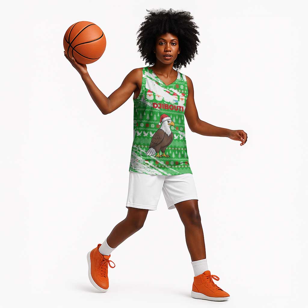 Djibouti Christmas Basketball Jersey Santa Eagle Doves Trees and Green Snowflake - African Pride