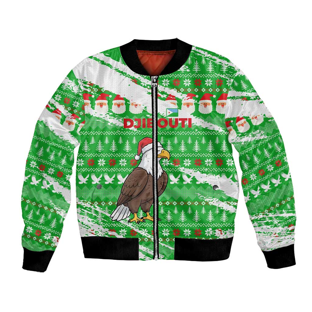 Djibouti Christmas Bomber Jacket Santa Eagle Doves Trees and Green Snowflake - African Pride