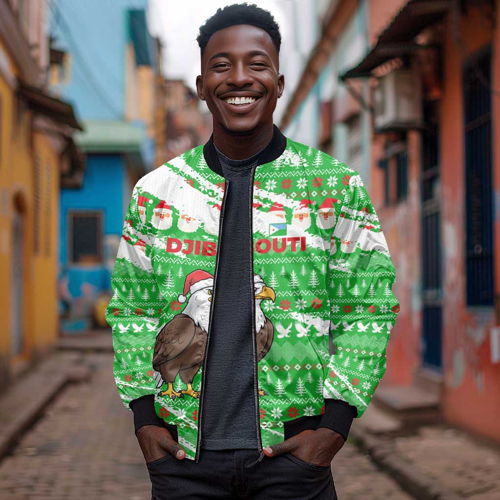 Djibouti Christmas Bomber Jacket Santa Eagle Doves Trees and Green Snowflake - African Pride
