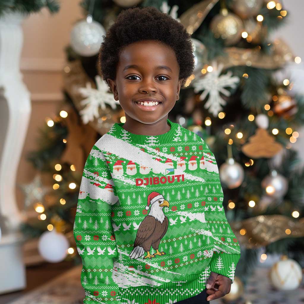 Djibouti Christmas Kid Ugly Christmas Sweater Santa Eagle Doves Trees and Green Snowflake - African Pride