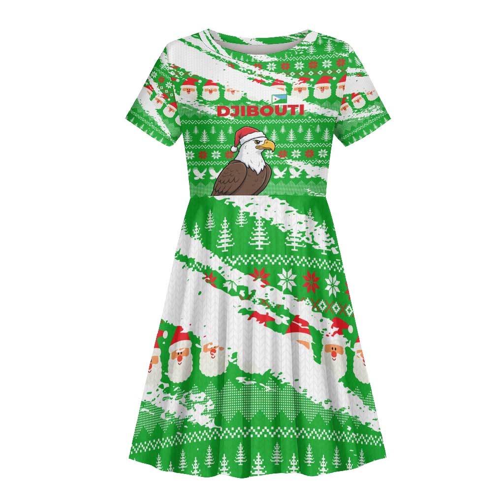 Djibouti Christmas Kid Short Sleeve Dress Santa Eagle Doves Trees and Green Snowflake - African Pride
