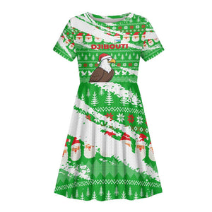 Djibouti Christmas Kid Short Sleeve Dress Santa Eagle Doves Trees and Green Snowflake - African Pride