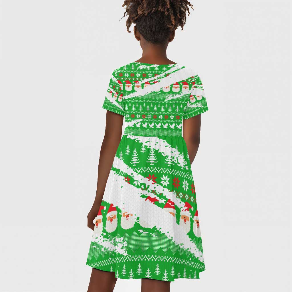 Djibouti Christmas Kid Short Sleeve Dress Santa Eagle Doves Trees and Green Snowflake - African Pride