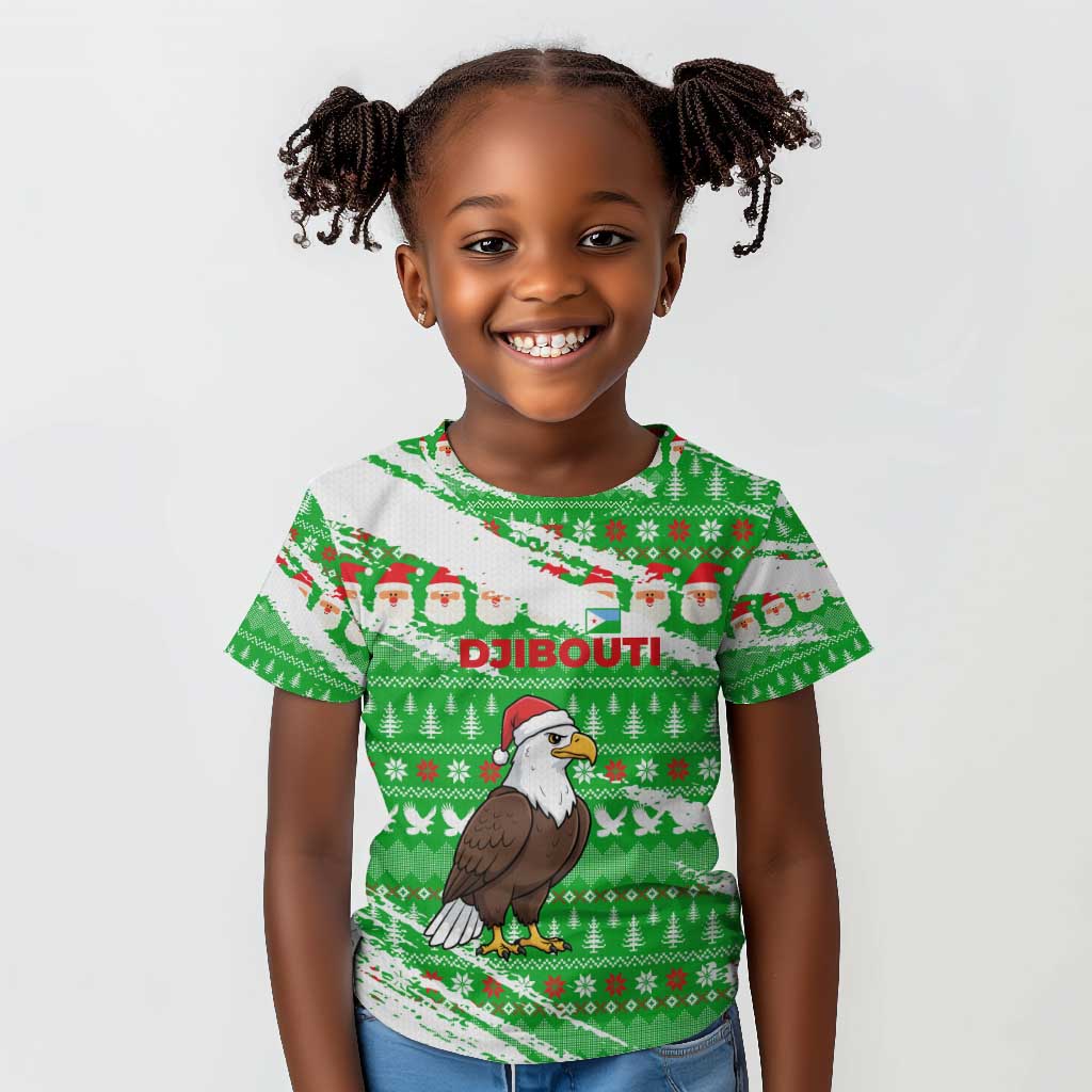 Djibouti Christmas Kid T shirt Santa Eagle Doves Trees and Green Snowflake - African Pride