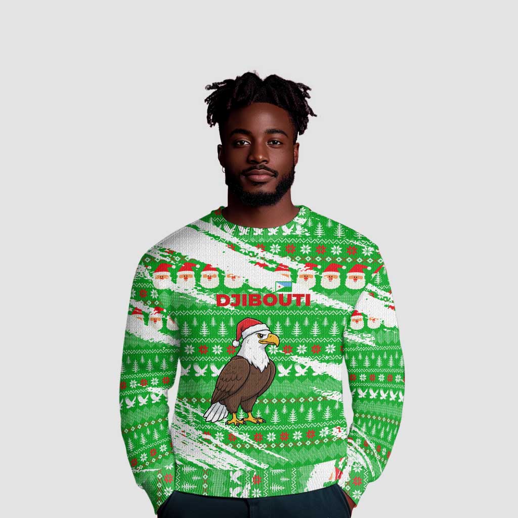 Djibouti Christmas Ugly Christmas Sweater Santa Eagle Doves Trees and Green Snowflake - African Pride