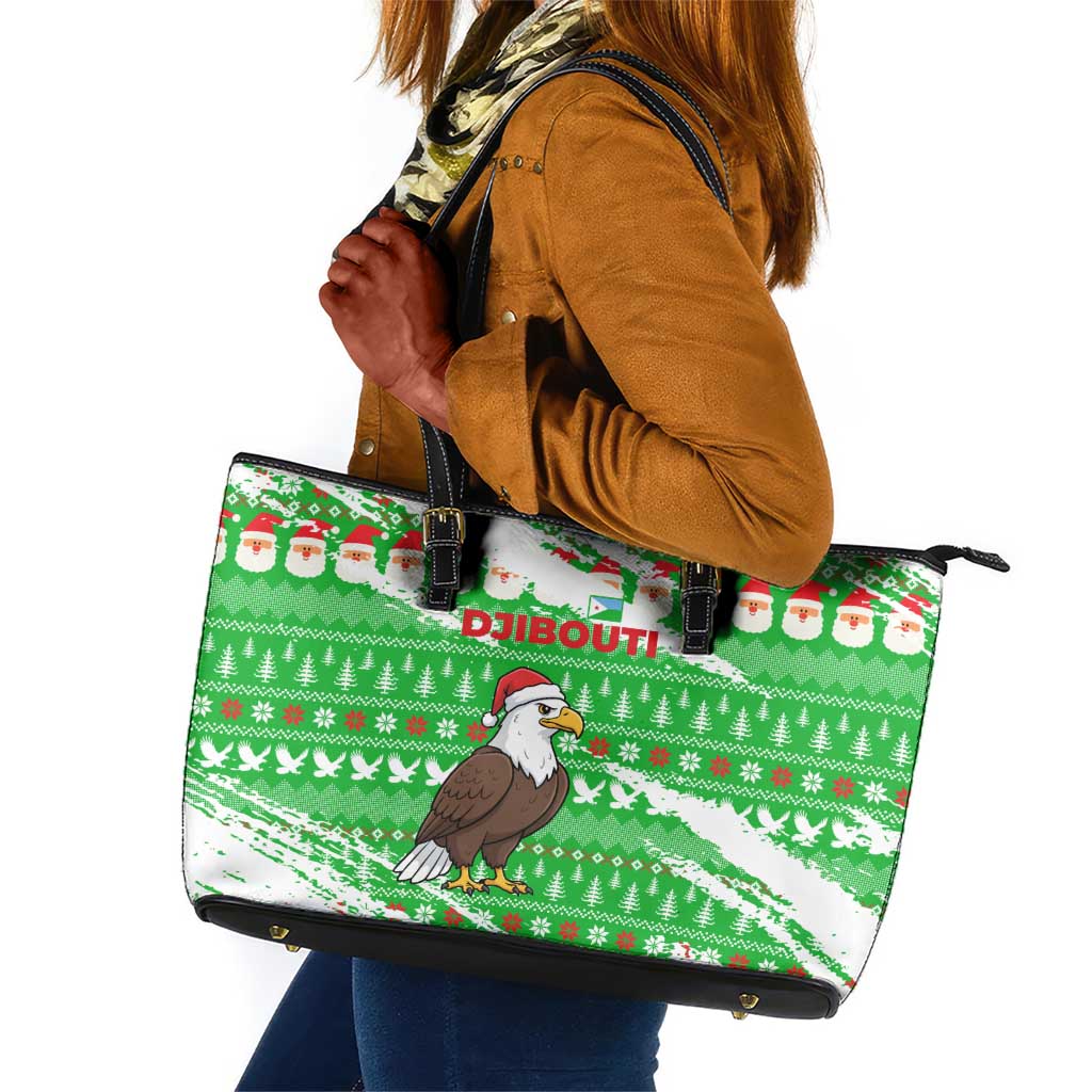 Djibouti Christmas Leather Tote Bag Santa Eagle Doves Trees and Green Snowflake - African Pride