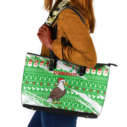 Djibouti Christmas Leather Tote Bag Santa Eagle Doves Trees and Green Snowflake - African Pride