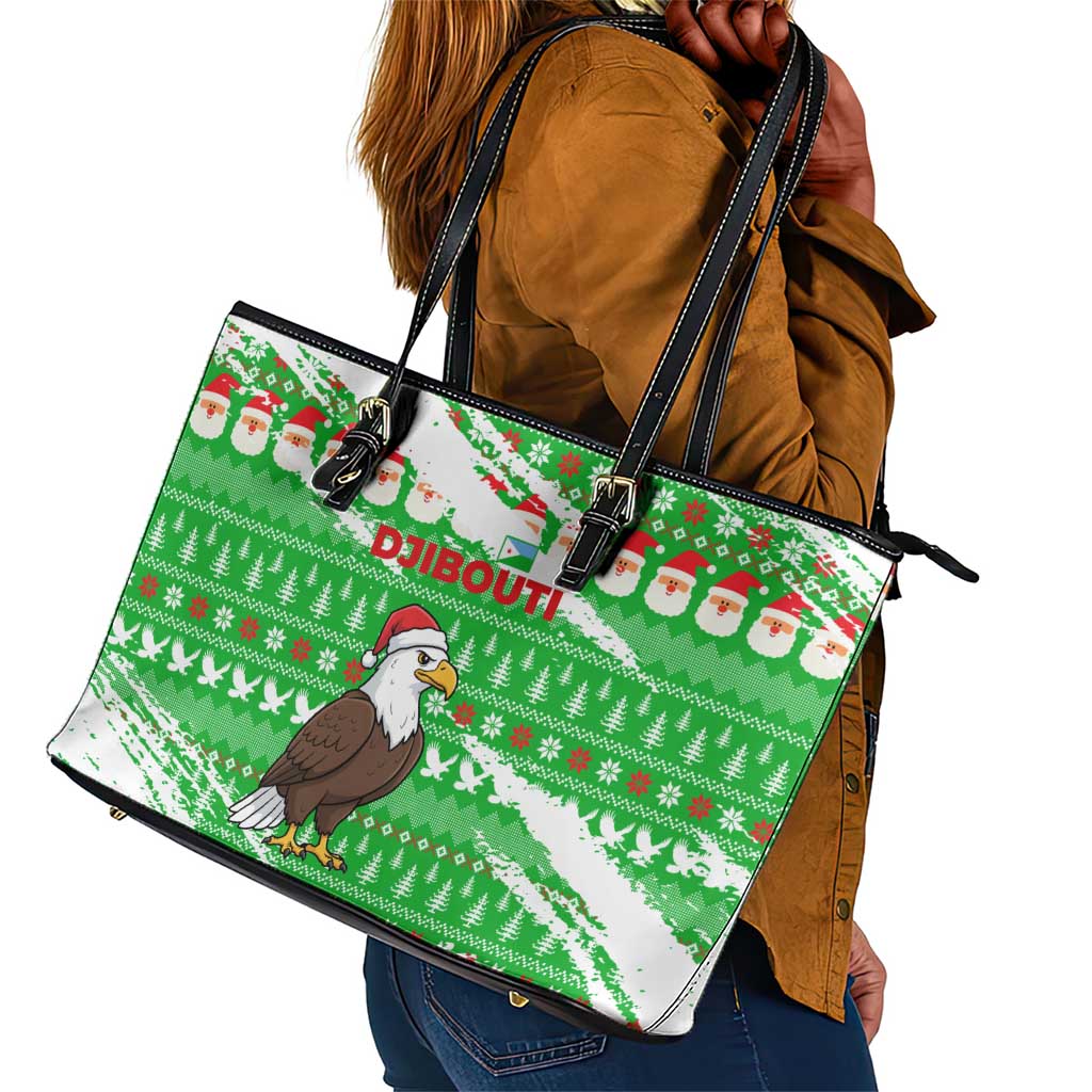 Djibouti Christmas Leather Tote Bag Santa Eagle Doves Trees and Green Snowflake - African Pride
