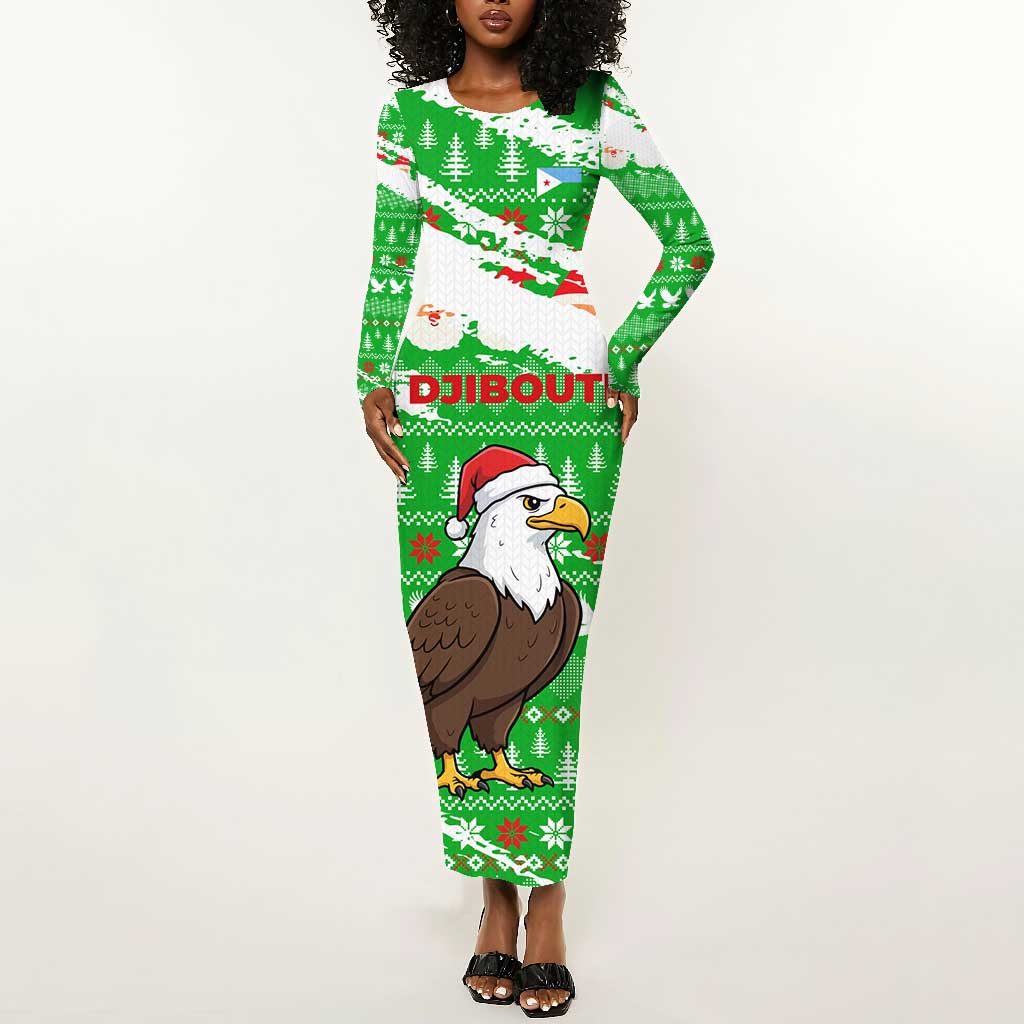 Djibouti Christmas Long Sleeve Bodycon Dress Santa Eagle Doves Trees and Green Snowflake - African Pride