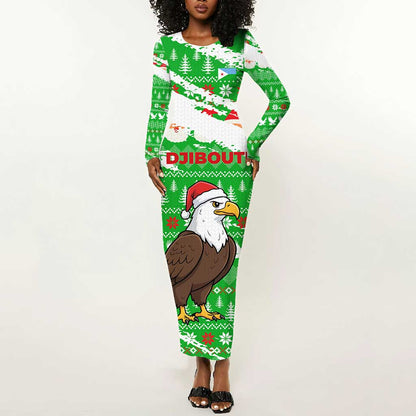 Djibouti Christmas Long Sleeve Bodycon Dress Santa Eagle Doves Trees and Green Snowflake - African Pride