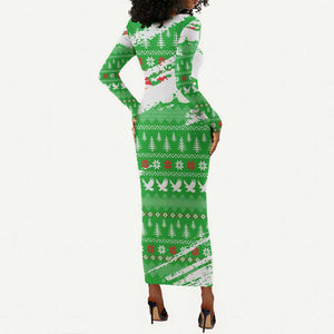 Djibouti Christmas Long Sleeve Bodycon Dress Santa Eagle Doves Trees and Green Snowflake - African Pride
