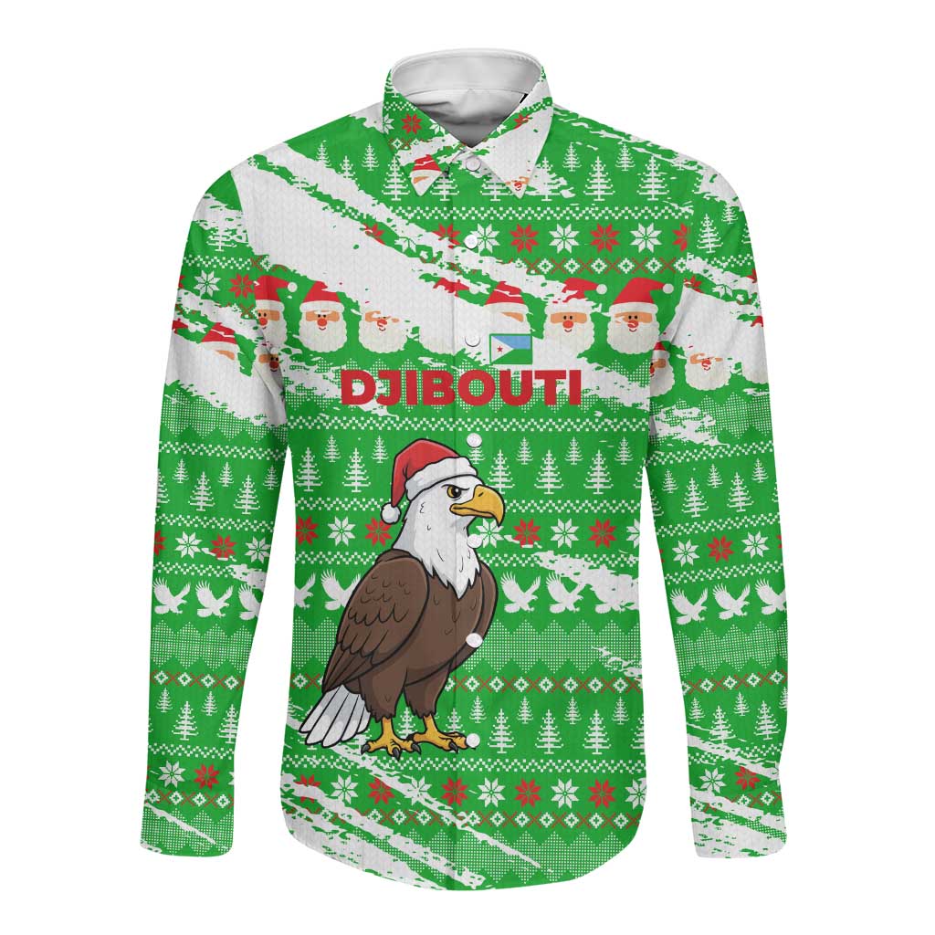 Djibouti Christmas Long Sleeve Button Shirt Santa Eagle Doves Trees and Green Snowflake - African Pride