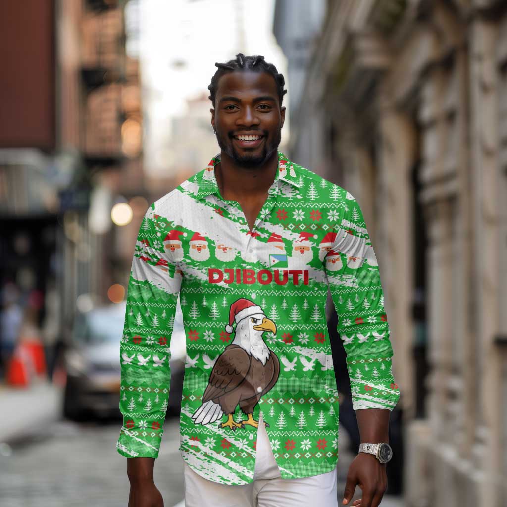 Djibouti Christmas Long Sleeve Button Shirt Santa Eagle Doves Trees and Green Snowflake - African Pride
