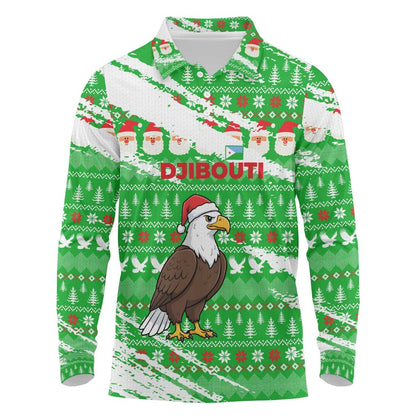 Djibouti Christmas Long Sleeve Polo Shirt Santa Eagle Doves Trees and Green Snowflake - African Pride