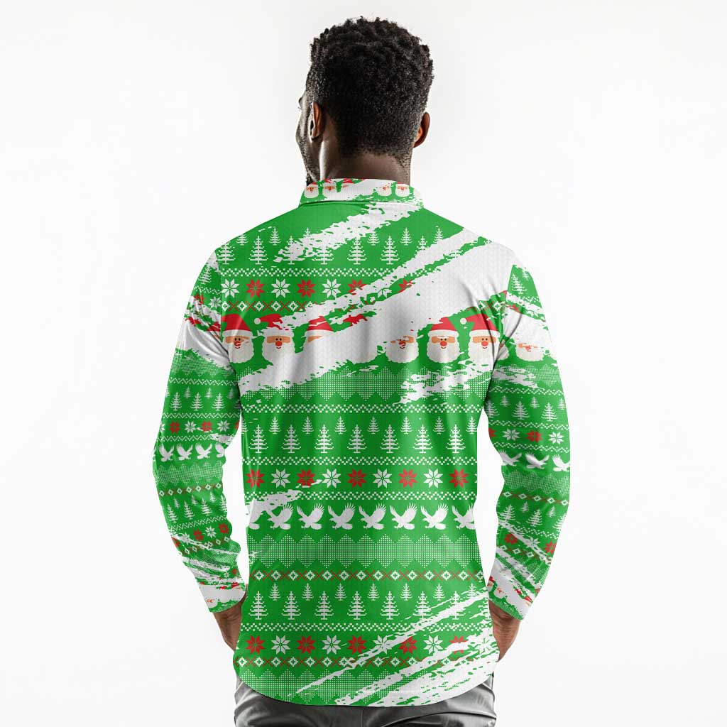 Djibouti Christmas Long Sleeve Polo Shirt Santa Eagle Doves Trees and Green Snowflake - African Pride