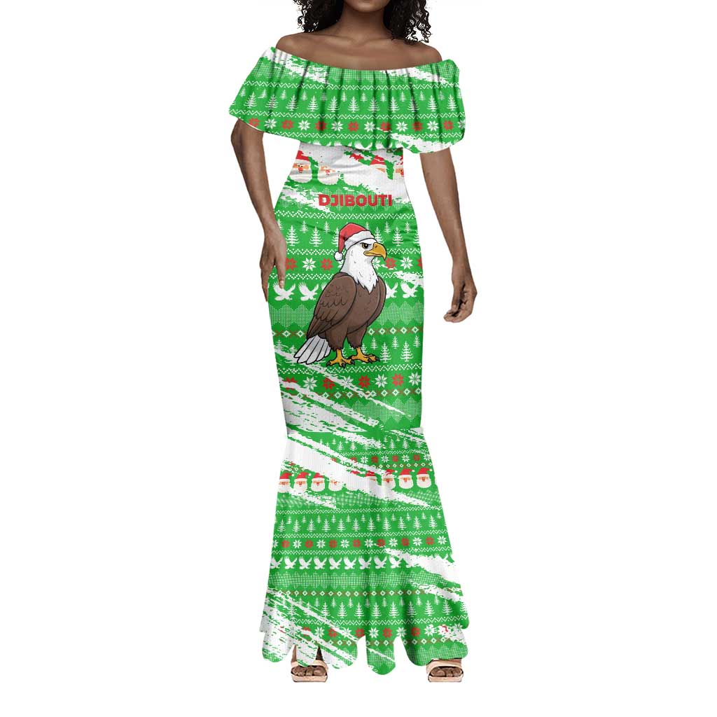 Djibouti Christmas Mermaid Dress Santa Eagle Doves Trees and Green Snowflake - African Pride