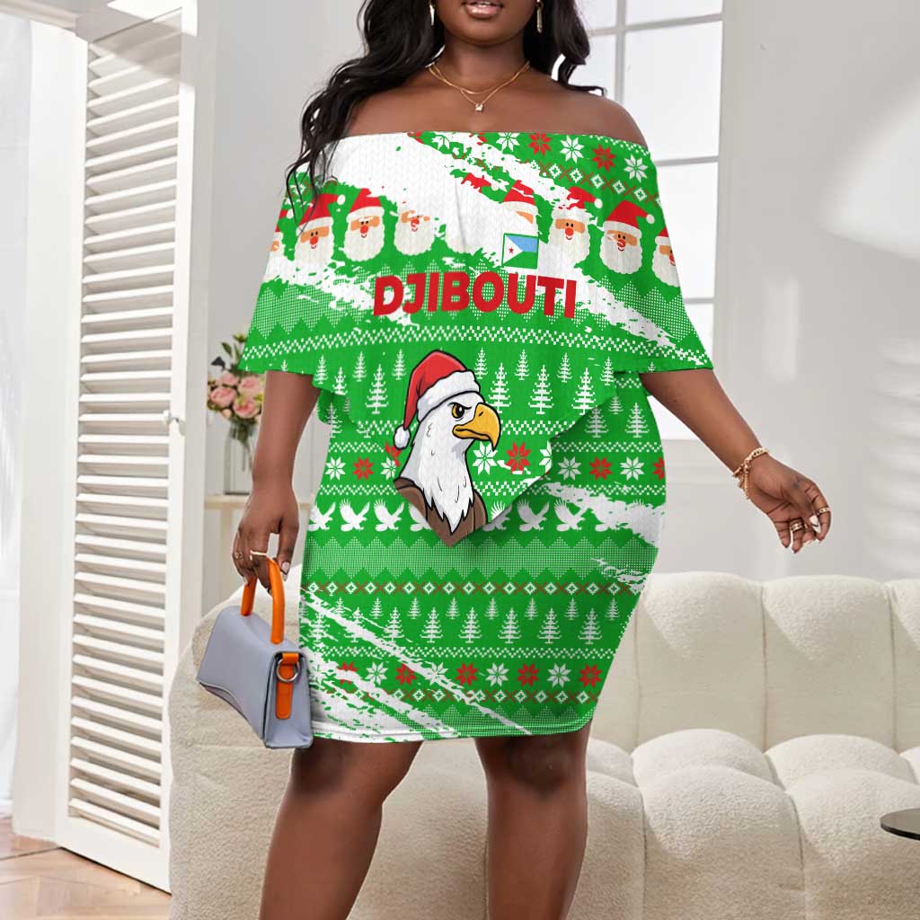 Djibouti Christmas Off Shoulder Short Dress Santa Eagle Doves Trees and Green Snowflake - African Pride