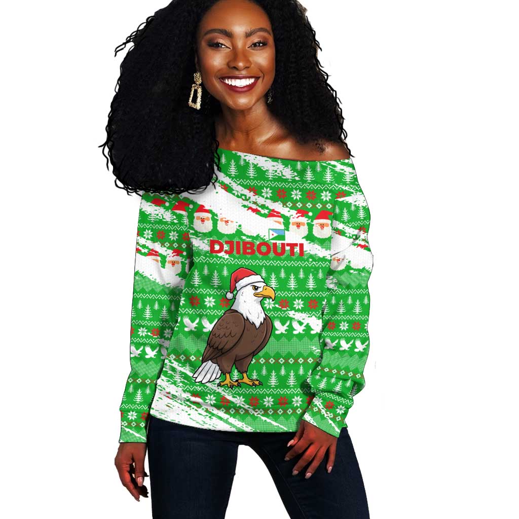 Djibouti Christmas Off Shoulder Sweater Santa Eagle Doves Trees and Green Snowflake - African Pride