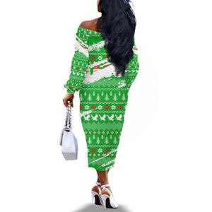 Djibouti Christmas Off The Shoulder Long Sleeve Dress Santa Eagle Doves Trees and Green Snowflake - African Pride