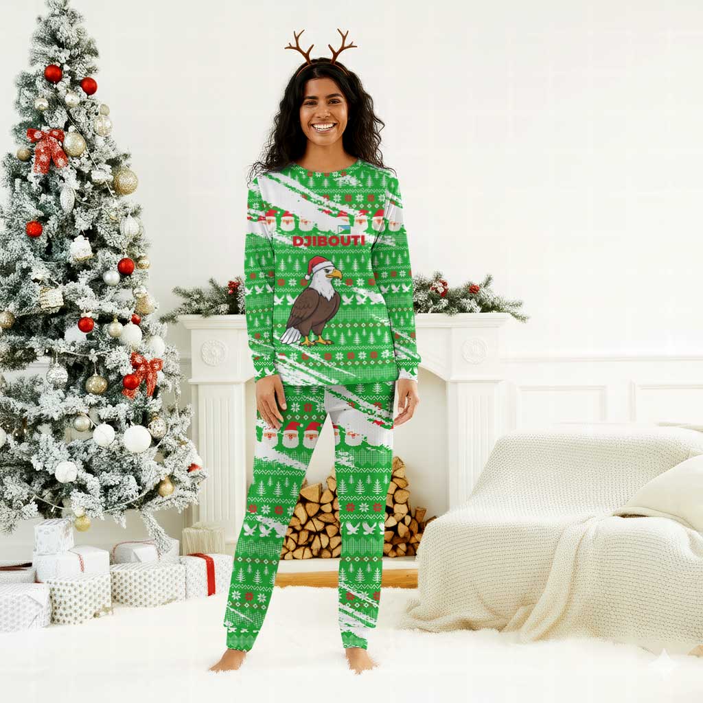 Djibouti Christmas Pajama Set Santa Eagle Doves Trees and Green Snowflake - African Pride