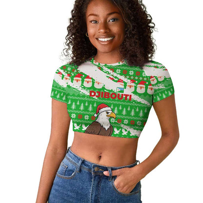 Djibouti Christmas Raglan Cropped T shirt Santa Eagle Doves Trees and Green Snowflake - African Pride