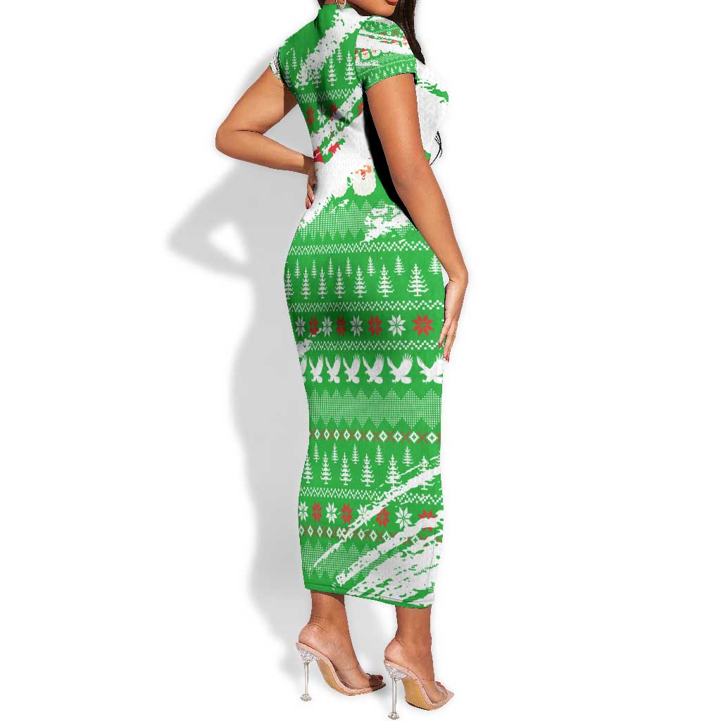 Djibouti Christmas Short Sleeve Bodycon Dress Santa Eagle Doves Trees and Green Snowflake - African Pride