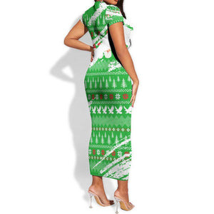 Djibouti Christmas Short Sleeve Bodycon Dress Santa Eagle Doves Trees and Green Snowflake - African Pride