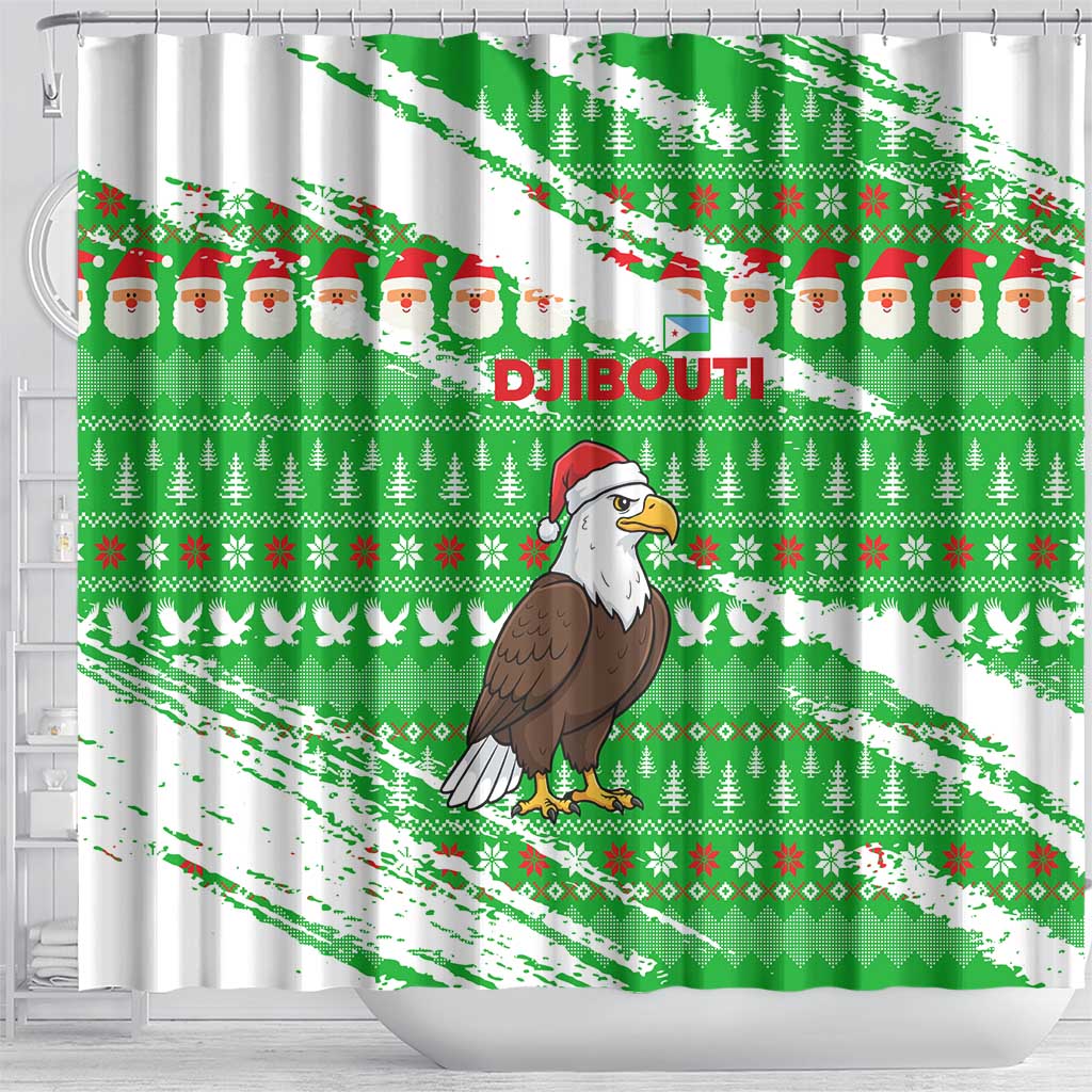 Djibouti Christmas Shower Curtain Santa Eagle Doves Trees and Green Snowflake - African Pride