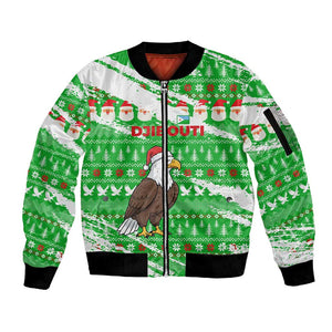 Djibouti Christmas Sleeve Zip Bomber Jacket Santa Eagle Doves Trees and Green Snowflake - African Pride