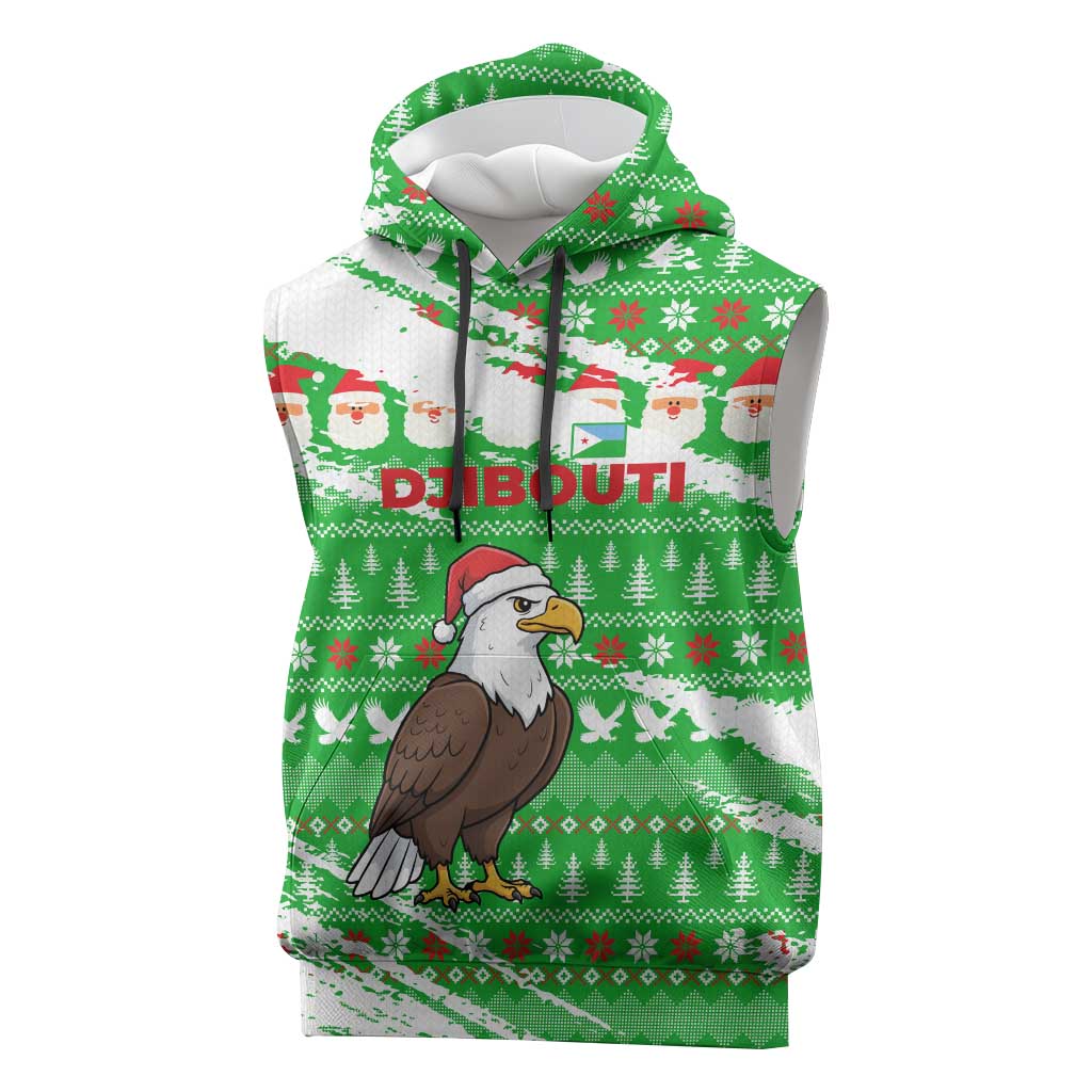 Djibouti Christmas Sleeveless Hoodie Santa Eagle Doves Trees and Green Snowflake - African Pride
