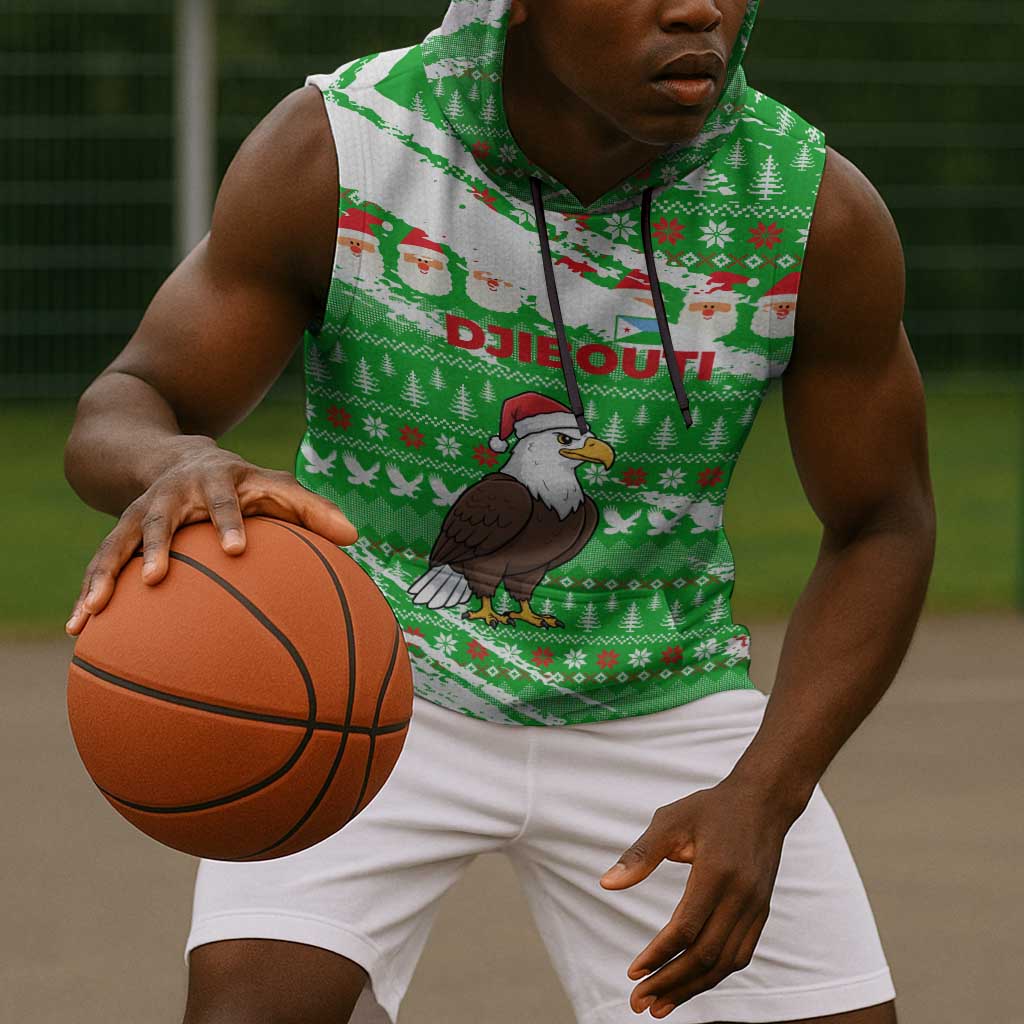 Djibouti Christmas Sleeveless Hoodie Santa Eagle Doves Trees and Green Snowflake - African Pride
