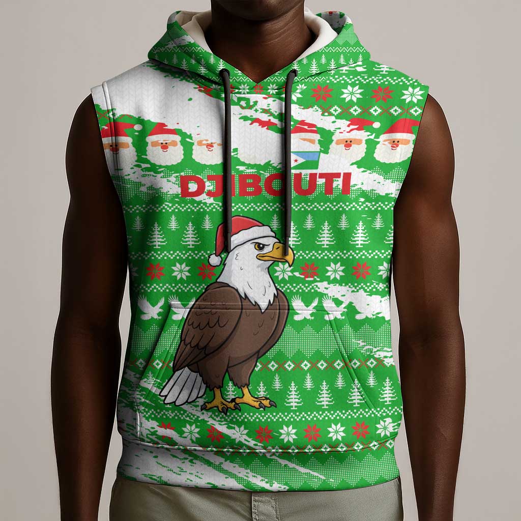 Djibouti Christmas Sleeveless Hoodie Santa Eagle Doves Trees and Green Snowflake - African Pride