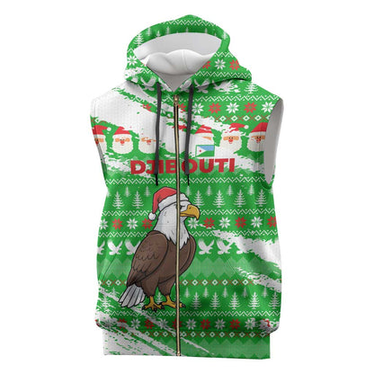 Djibouti Christmas Sleeveless Zip Hoodie Santa Eagle Doves Trees and Green Snowflake - African Pride
