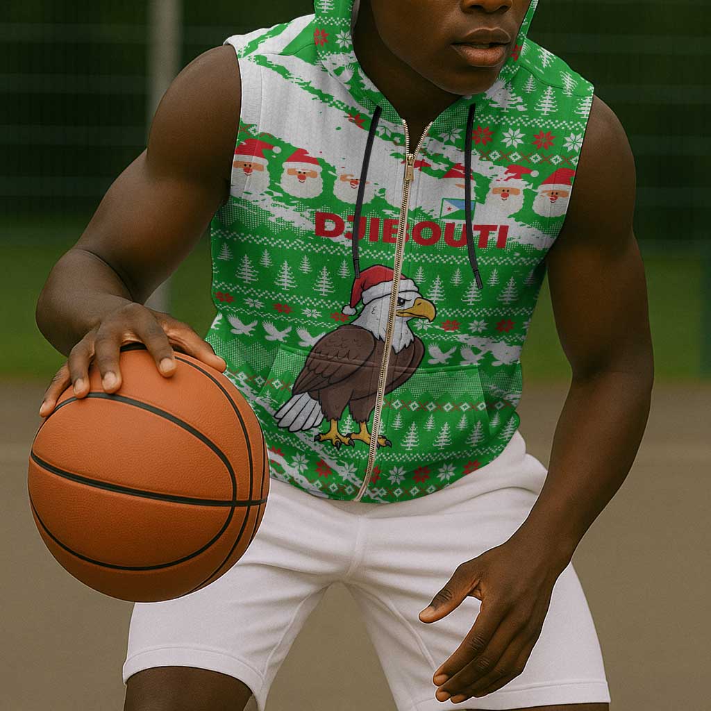 Djibouti Christmas Sleeveless Zip Hoodie Santa Eagle Doves Trees and Green Snowflake - African Pride