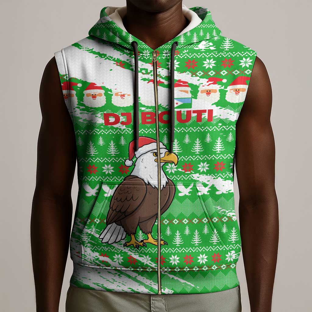 Djibouti Christmas Sleeveless Zip Hoodie Santa Eagle Doves Trees and Green Snowflake - African Pride