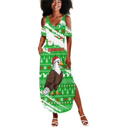 Djibouti Christmas Summer Maxi Dress Santa Eagle Doves Trees and Green Snowflake - African Pride