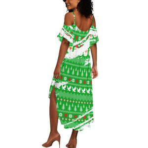 Djibouti Christmas Summer Maxi Dress Santa Eagle Doves Trees and Green Snowflake - African Pride