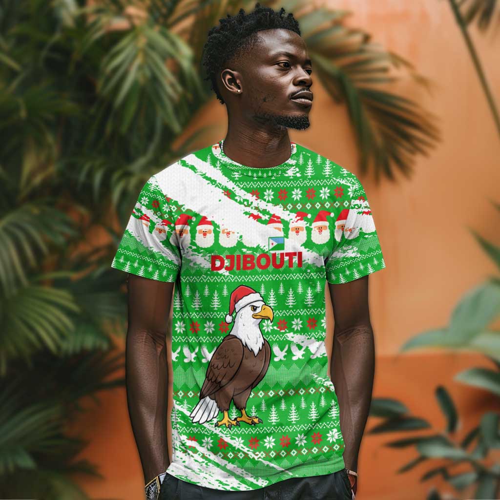 Djibouti Christmas T shirt Santa Eagle Doves Trees and Green Snowflake - African Pride