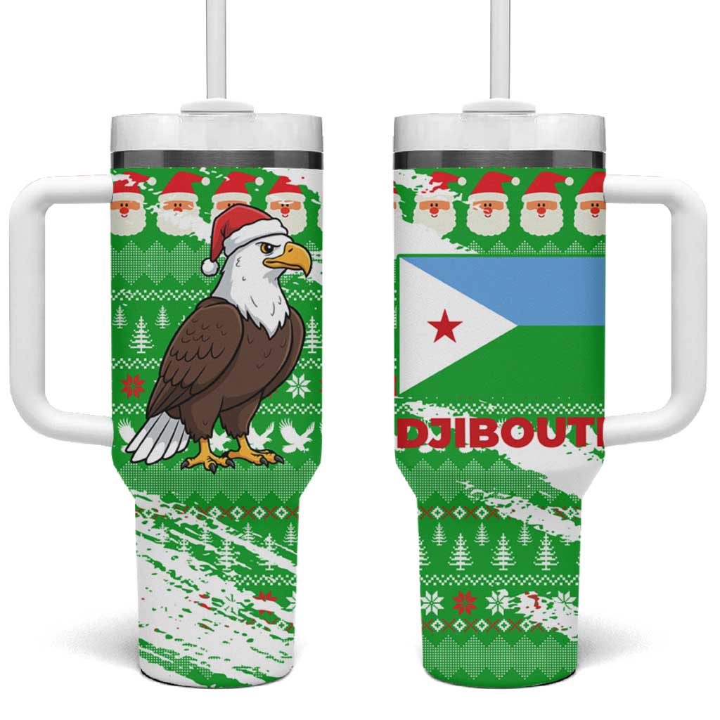 Djibouti Christmas Tumbler With Handle Santa Eagle Doves Trees and Green Snowflake - African Pride