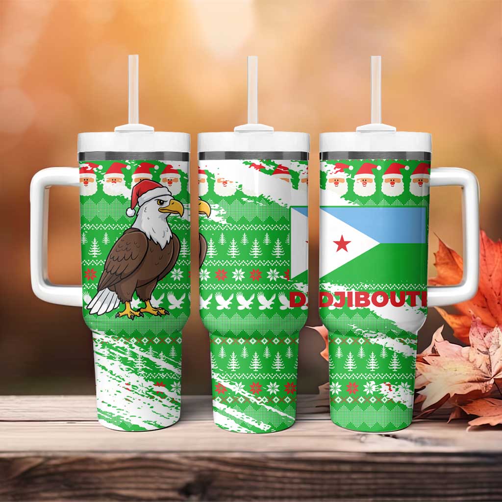 Djibouti Christmas Tumbler With Handle Santa Eagle Doves Trees and Green Snowflake - African Pride