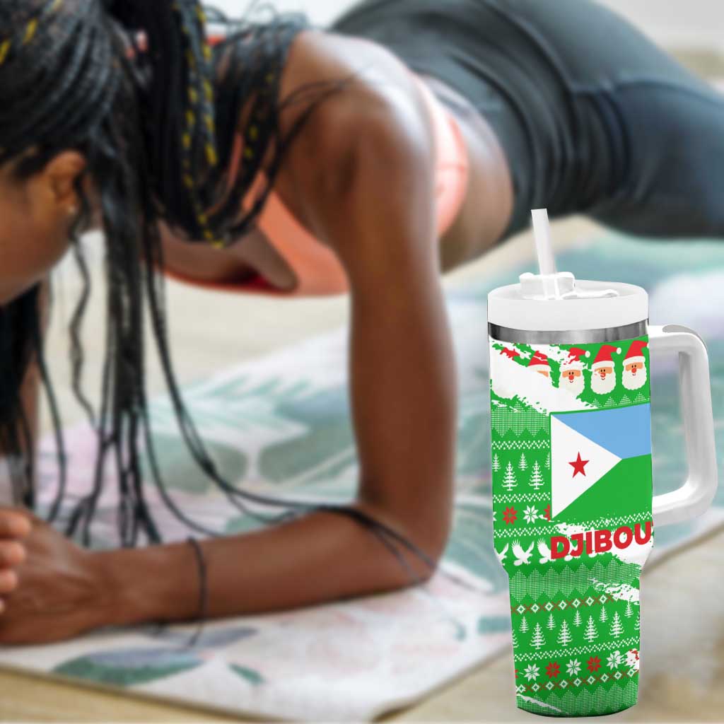 Djibouti Christmas Tumbler With Handle Santa Eagle Doves Trees and Green Snowflake - African Pride