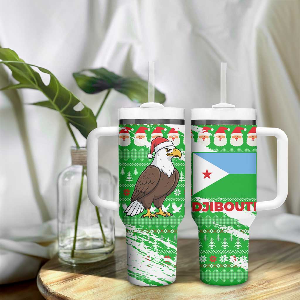 Djibouti Christmas Tumbler With Handle Santa Eagle Doves Trees and Green Snowflake - African Pride