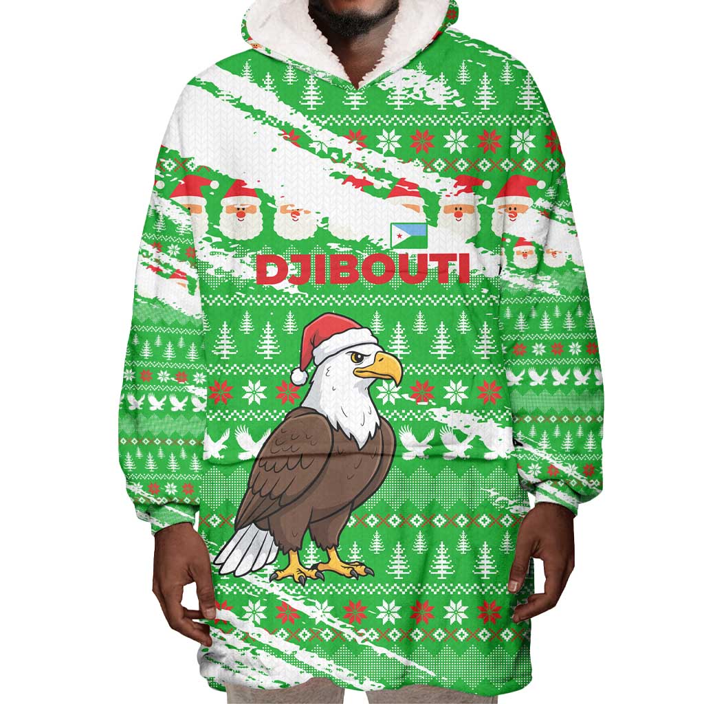 Djibouti Christmas Wearable Blanket Hoodie Santa Eagle Doves Trees and Green Snowflake - African Pride