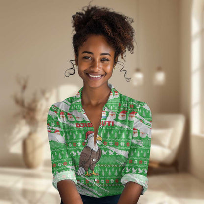 Djibouti Christmas Women Casual Shirt Santa Eagle Doves Trees and Green Snowflake - African Pride