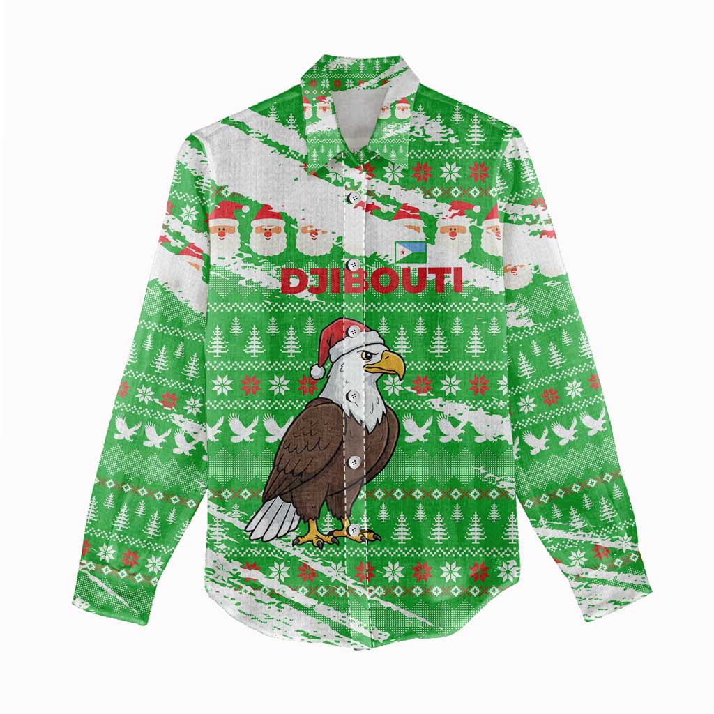 Djibouti Christmas Women Casual Shirt Santa Eagle Doves Trees and Green Snowflake - African Pride