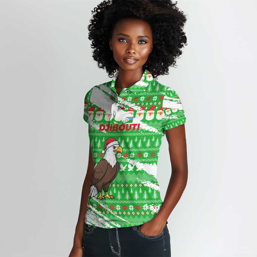 Djibouti Christmas Women Polo Shirt Santa Eagle Doves Trees and Green Snowflake - African Pride