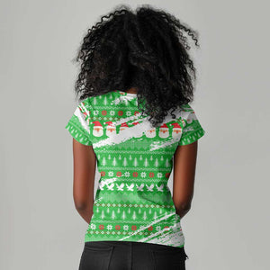 Djibouti Christmas Women V-Neck T-Shirt Santa Eagle Doves Trees and Green Snowflake - African Pride