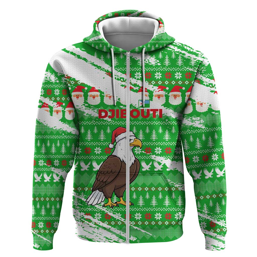 Djibouti Christmas Zip Hoodie Santa Eagle Doves Trees and Green Snowflake - African Pride