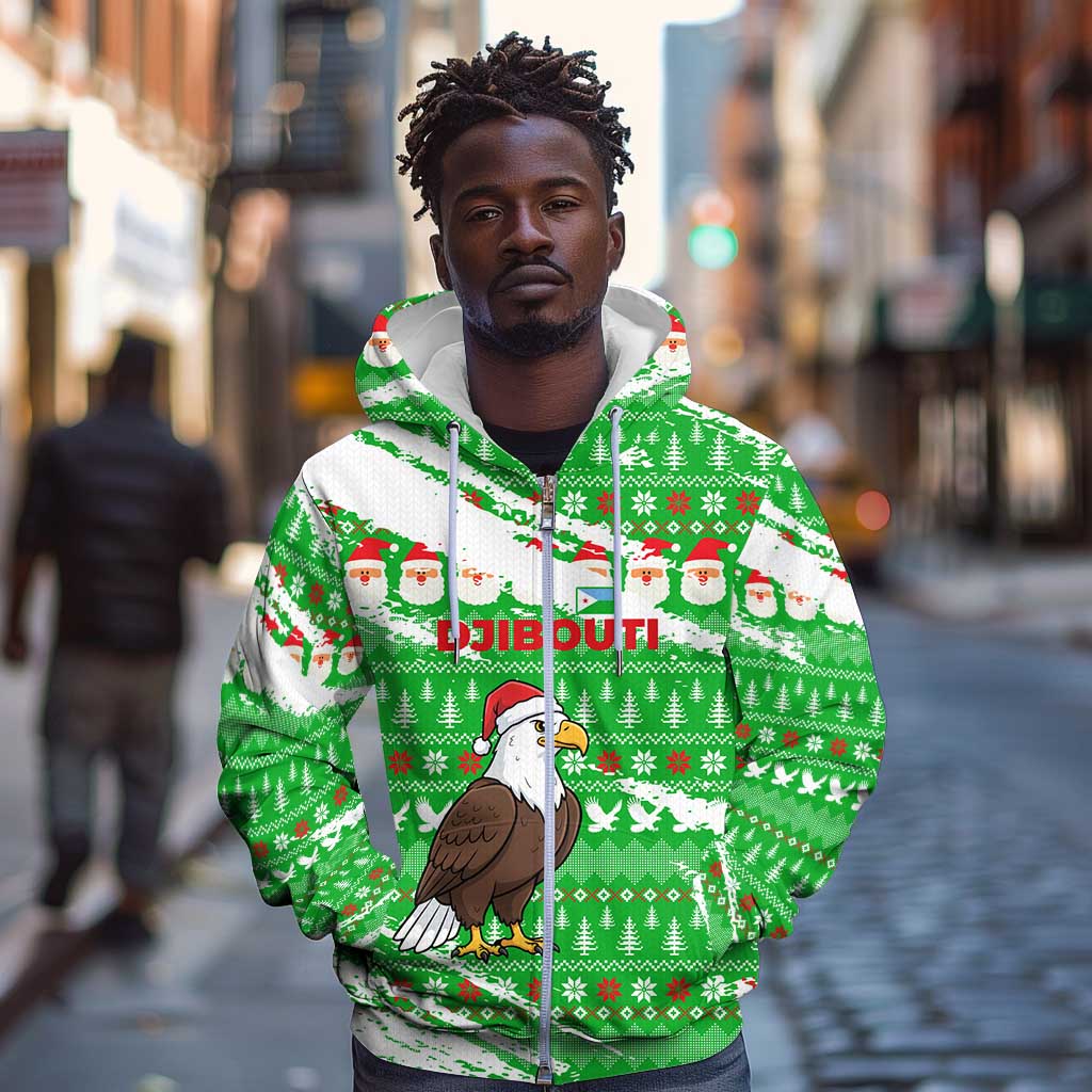 Djibouti Christmas Zip Hoodie Santa Eagle Doves Trees and Green Snowflake - African Pride